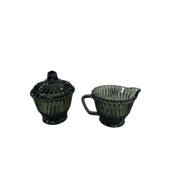 VTG Libbey Glass Creamer & Sugar Bowl Set Smoke Grey Starburst Pattern MCM - Picture 4 of 10